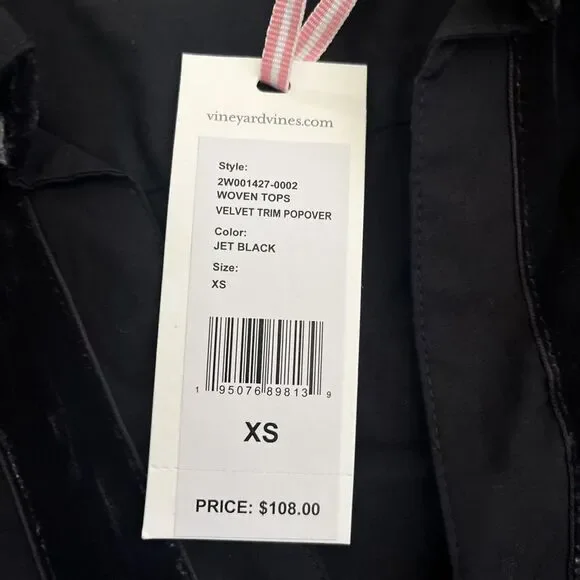 NWT Vineyard Vines Black Velvet Trim Popover Collared Shirt Top XS Cotton - Picture 3 of 9